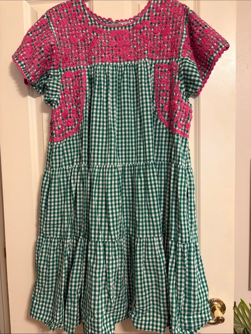 Sister Mary Green Gingham Dress with Pink Embroidered Yoke